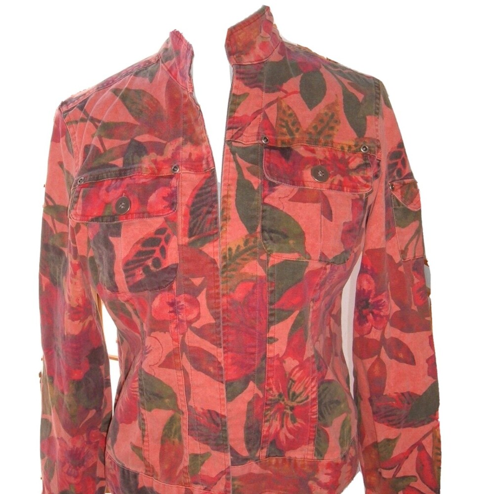 CHICOS Jacket SZ 0 Floral Cotton/spandex Blazer Coral peach Boho Cottagecore